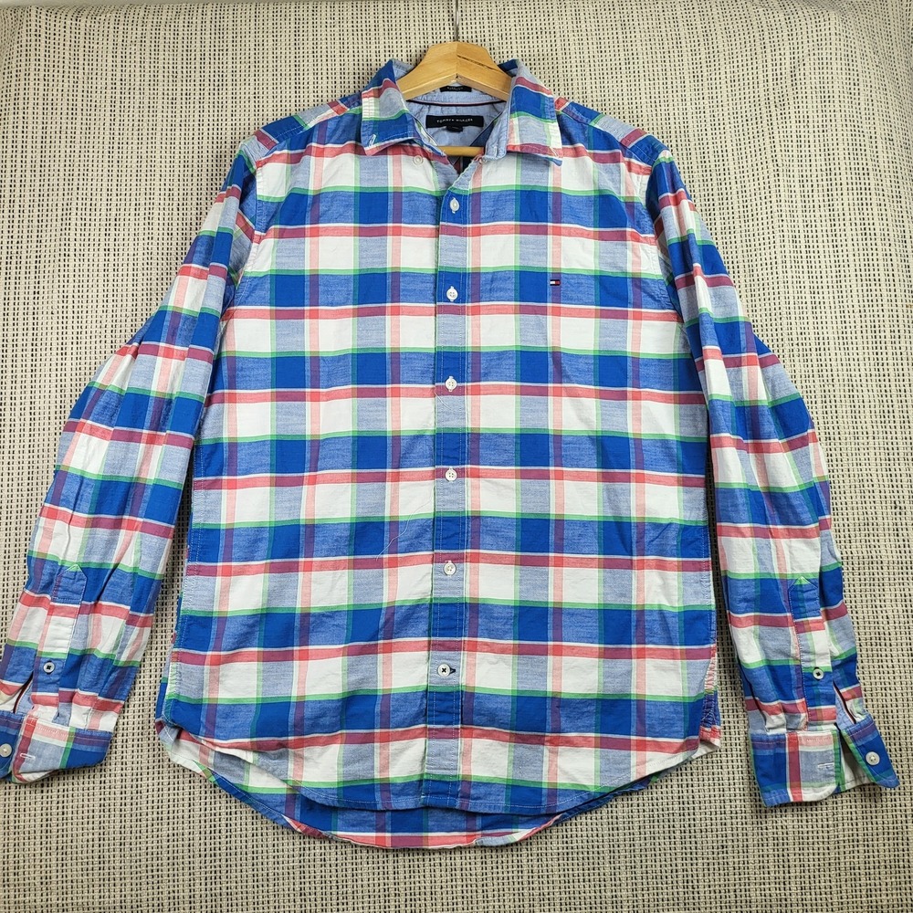 Tommy Hilfiger Shirt Mens Medium Blue Red Green Plaid Stretch Button‎ Up Casual